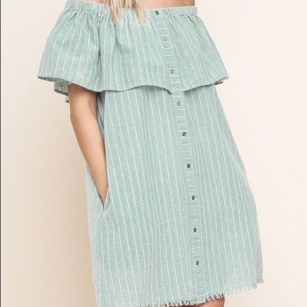 Umgee Striped Off Shoulder Button Up Pocket Dress